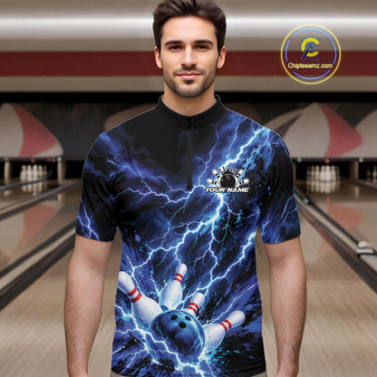 Custom Blue Lightning Bowling Team Men Quarter Zip Shirt, Bowling Tournament Jerseys IPHW12380