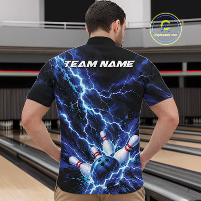 Custom Blue Lightning Bowling Team Men Quarter Zip Shirt, Bowling Tournament Jerseys IPHW12380