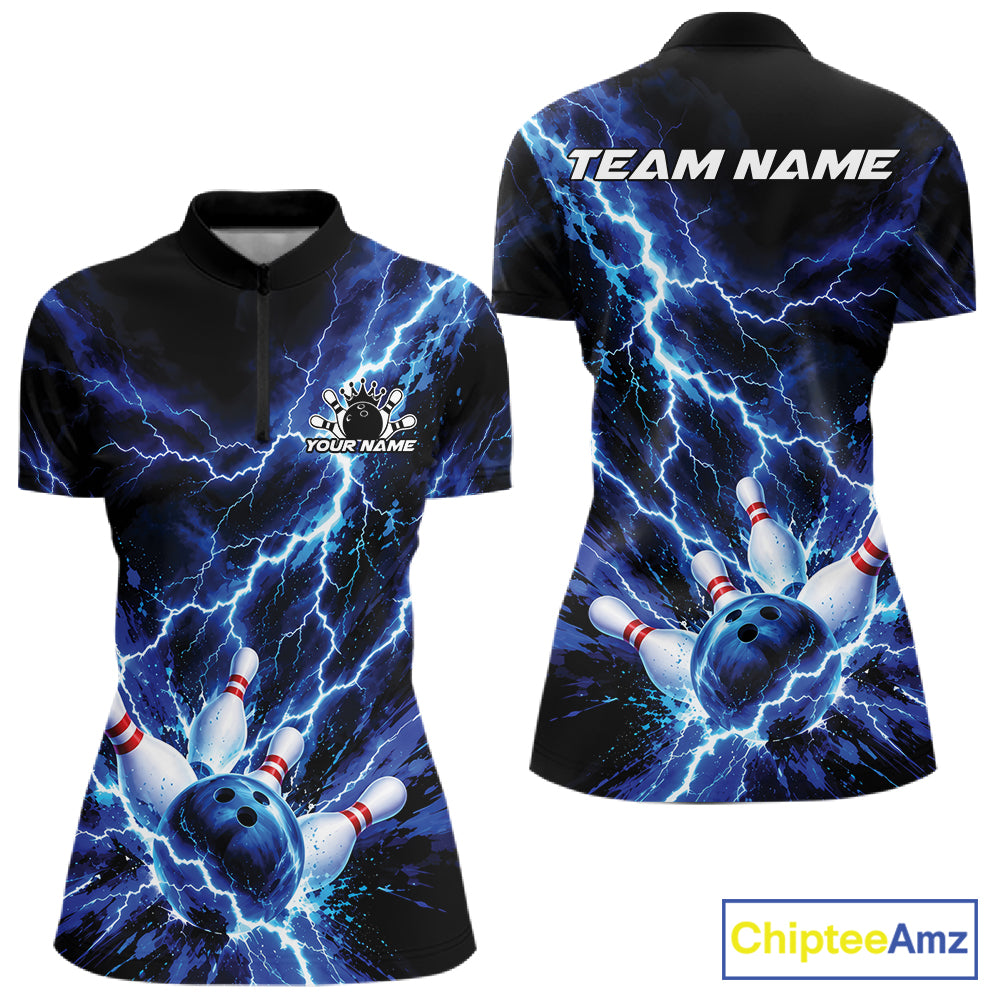 Custom Blue Lightning Bowling Team Women Quarter-Zip Shirt, Bowling Tournament Jerseys IPHW12380