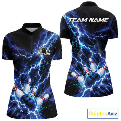 Custom Blue Lightning Bowling Team Women Quarter-Zip Shirt, Bowling Tournament Jerseys IPHW12380