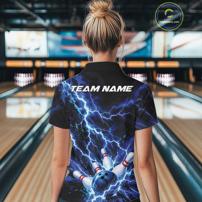 Custom Blue Lightning Bowling Team Women Quarter-Zip Shirt, Bowling Tournament Jerseys IPHW12380
