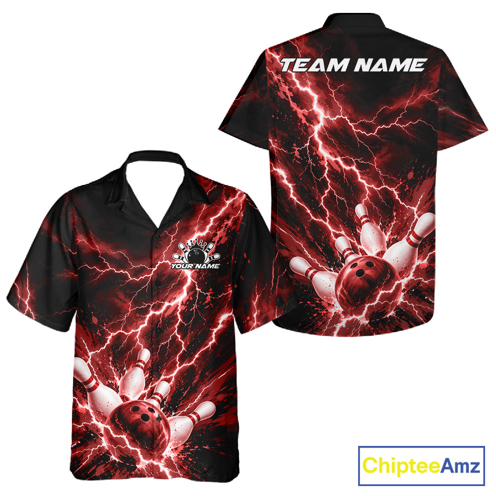 Custom Red Lightning Bowling Team Men And Women Button Up Shirt, Bowling Tournament Jerseys IPHW12381