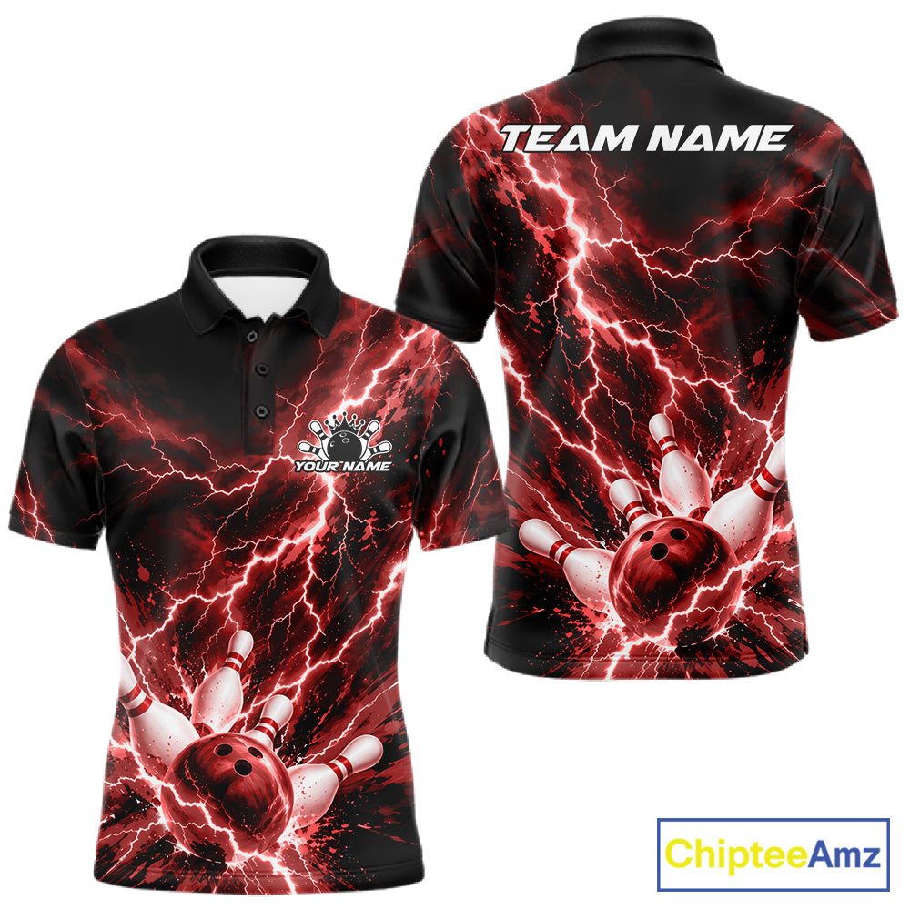 Custom Red Lightning Bowling Team Men Polo Shirt, Bowling Tournament Jerseys IPHW12381