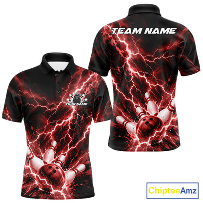 Custom Red Lightning Bowling Team Men Polo Shirt, Bowling Tournament Jerseys IPHW12381