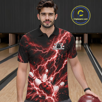Custom Red Lightning Bowling Team Men Polo Shirt, Bowling Tournament Jerseys IPHW12381