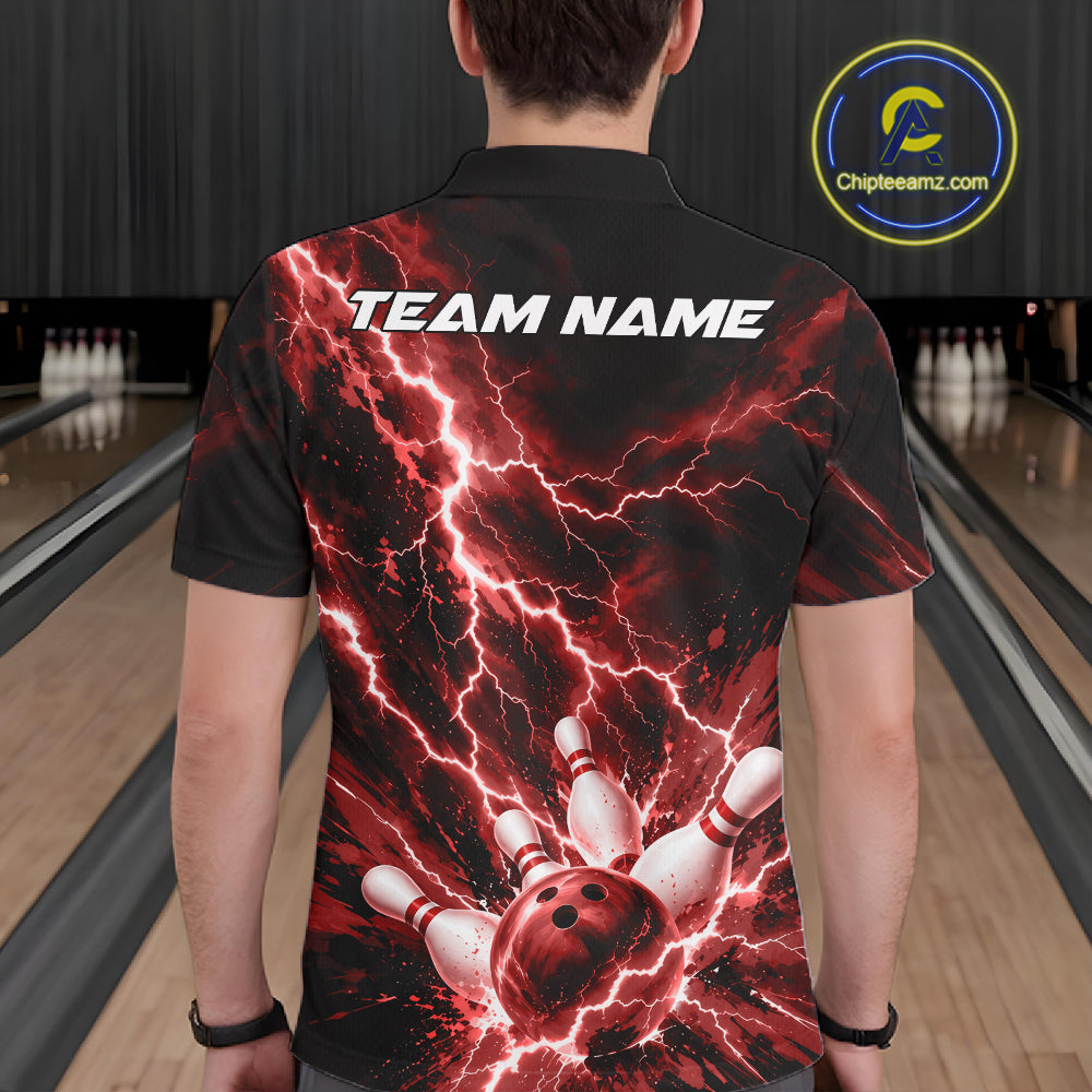 Custom Red Lightning Bowling Team Men Polo Shirt, Bowling Tournament Jerseys IPHW12381