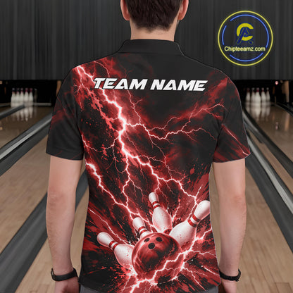 Custom Red Lightning Bowling Team Men Polo Shirt, Bowling Tournament Jerseys IPHW12381