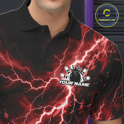 Custom Red Lightning Bowling Team Men Polo Shirt, Bowling Tournament Jerseys IPHW12381