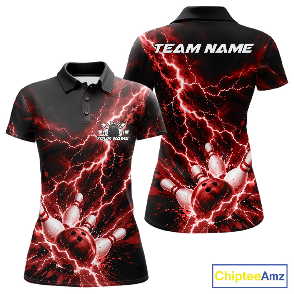 Custom Red Lightning Bowling Team Women Polo Shirt, Bowling Tournament Jerseys IPHW12381