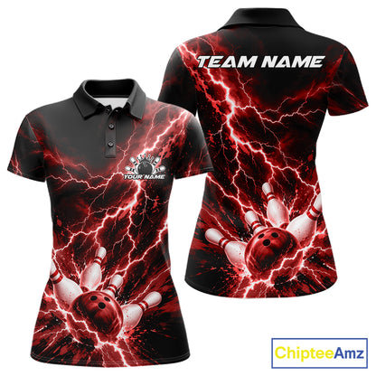 Custom Red Lightning Bowling Team Women Polo Shirt, Bowling Tournament Jerseys IPHW12381
