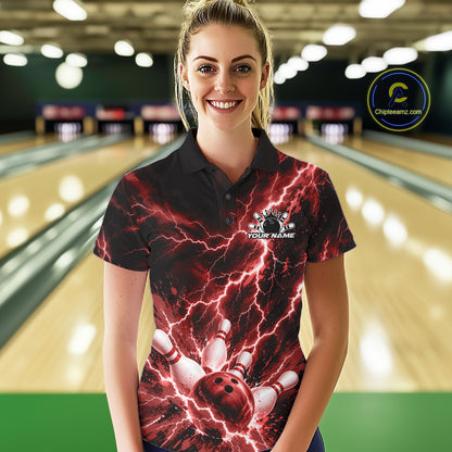 Custom Red Lightning Bowling Team Women Polo Shirt, Bowling Tournament Jerseys IPHW12381