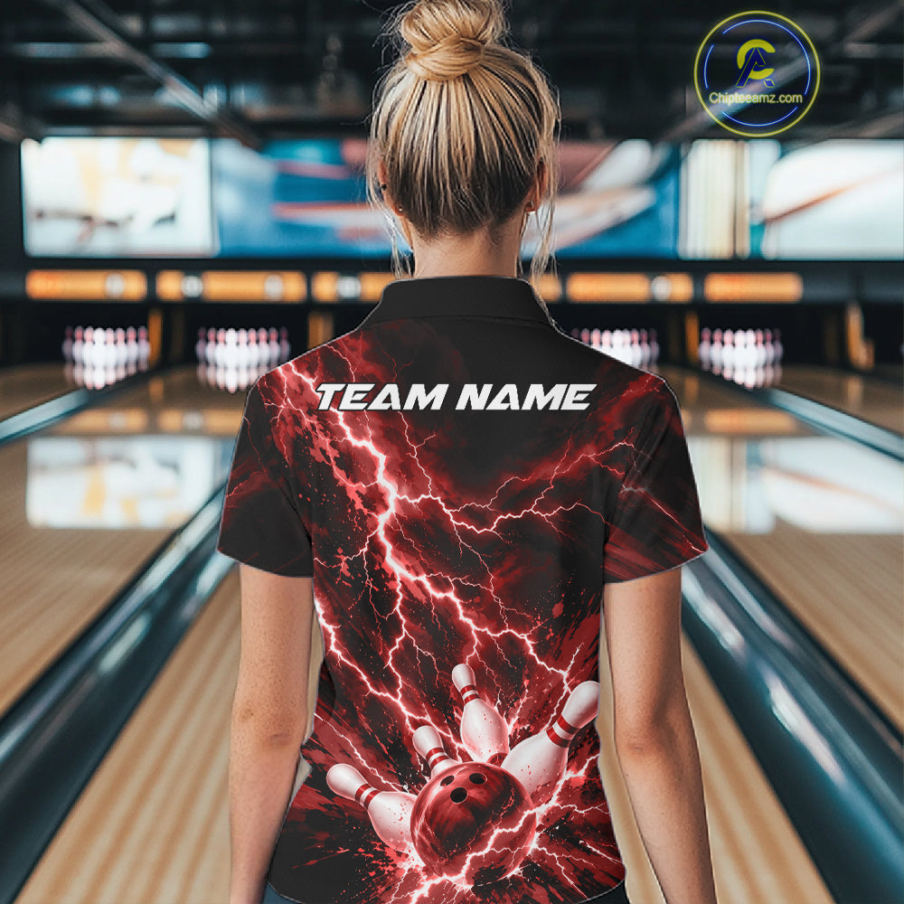 Custom Red Lightning Bowling Team Women Polo Shirt, Bowling Tournament Jerseys IPHW12381