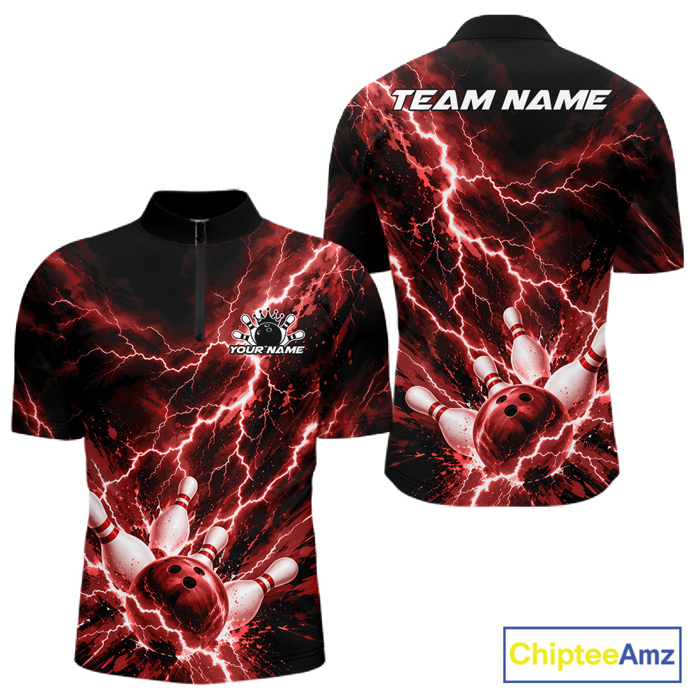Custom Red Lightning Bowling Team Men Quarter Zip Shirt, Bowling Tournament Jerseys IPHW12381