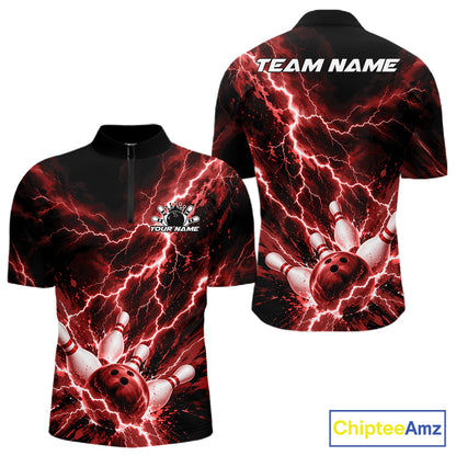 Custom Red Lightning Bowling Team Men Quarter Zip Shirt, Bowling Tournament Jerseys IPHW12381