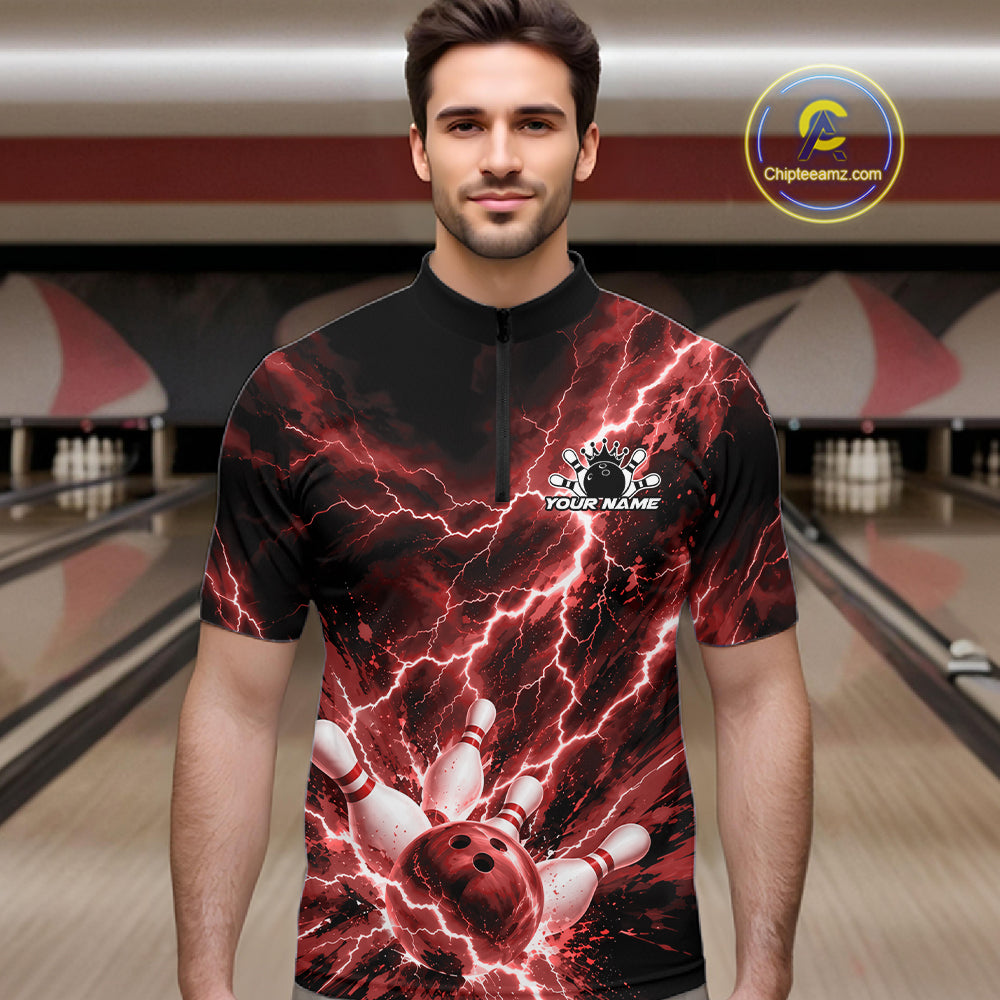 Custom Red Lightning Bowling Team Men Quarter Zip Shirt, Bowling Tournament Jerseys IPHW12381