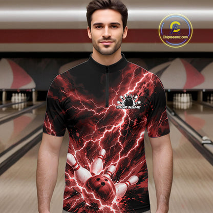 Custom Red Lightning Bowling Team Men Quarter Zip Shirt, Bowling Tournament Jerseys IPHW12381