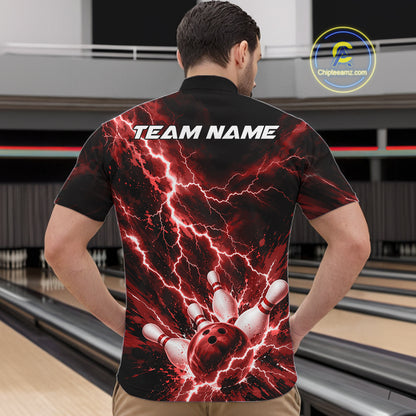 Custom Red Lightning Bowling Team Men Quarter Zip Shirt, Bowling Tournament Jerseys IPHW12381