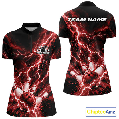 Custom Red Lightning Bowling Team Women Quarter-Zip Shirt, Bowling Tournament Jerseys IPHW12381