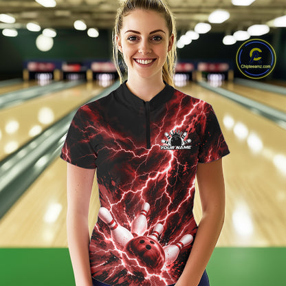 Custom Red Lightning Bowling Team Women Quarter-Zip Shirt, Bowling Tournament Jerseys IPHW12381