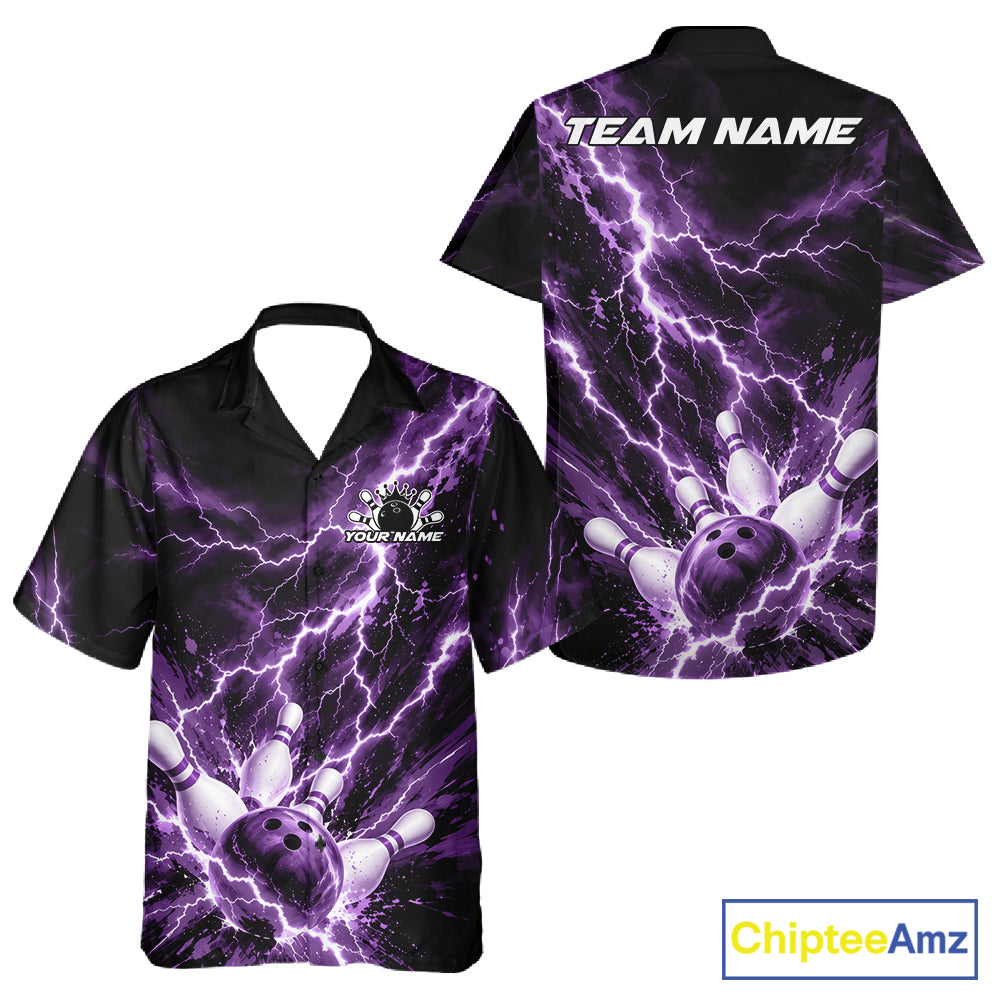 Custom Purple Lightning Bowling Team Men And Women Button Up Shirt, Bowling Tournament Jerseys IPHW12382