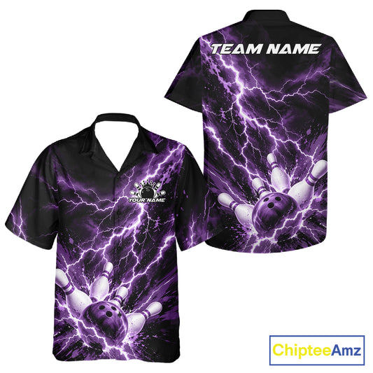 Custom Purple Lightning Bowling Team Men And Women Button Up Shirt, Bowling Tournament Jerseys IPHW12382