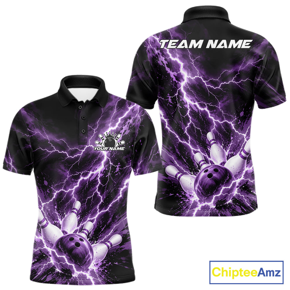 Custom Purple Lightning Bowling Team Men Polo Shirt, Bowling Tournament Jerseys IPHW12382