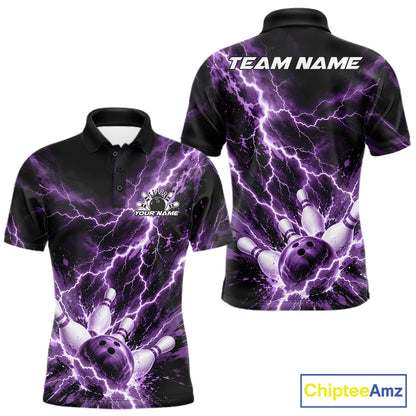 Custom Purple Lightning Bowling Team Men Polo Shirt, Bowling Tournament Jerseys IPHW12382