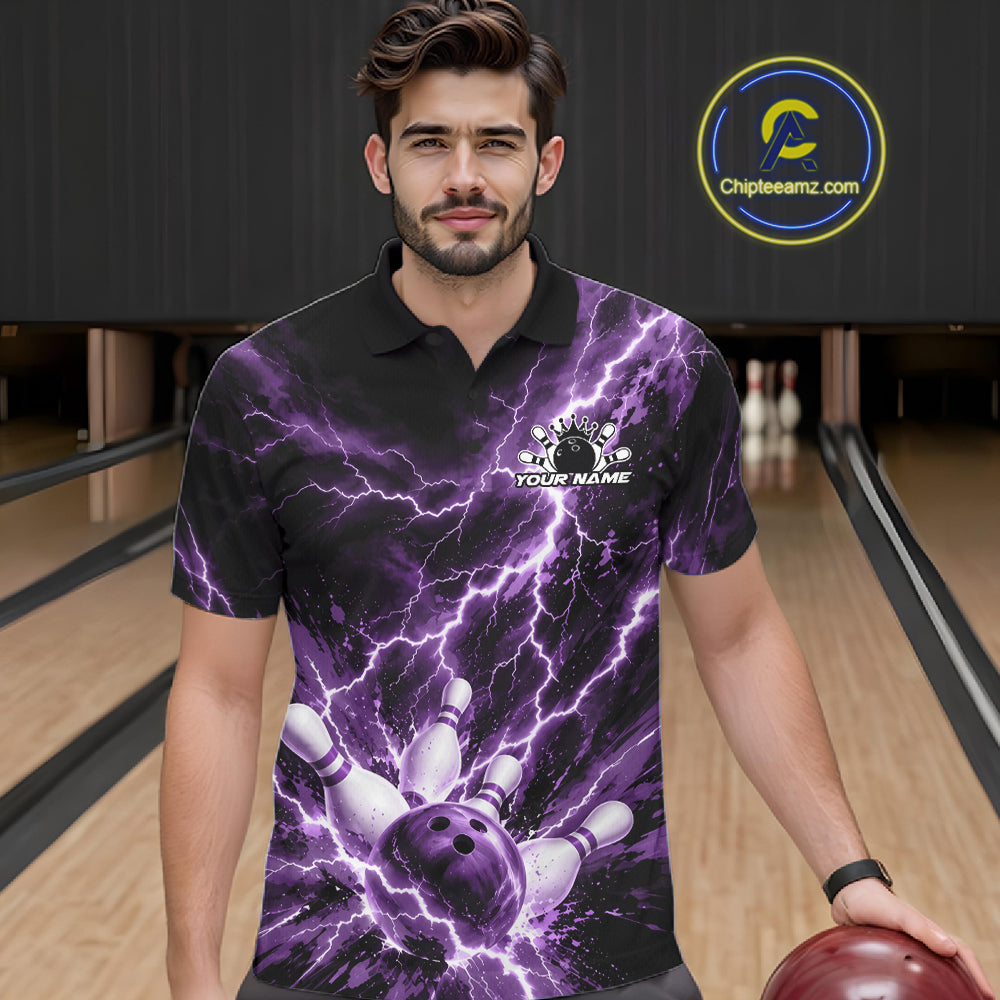 Custom Purple Lightning Bowling Team Men Polo Shirt, Bowling Tournament Jerseys IPHW12382