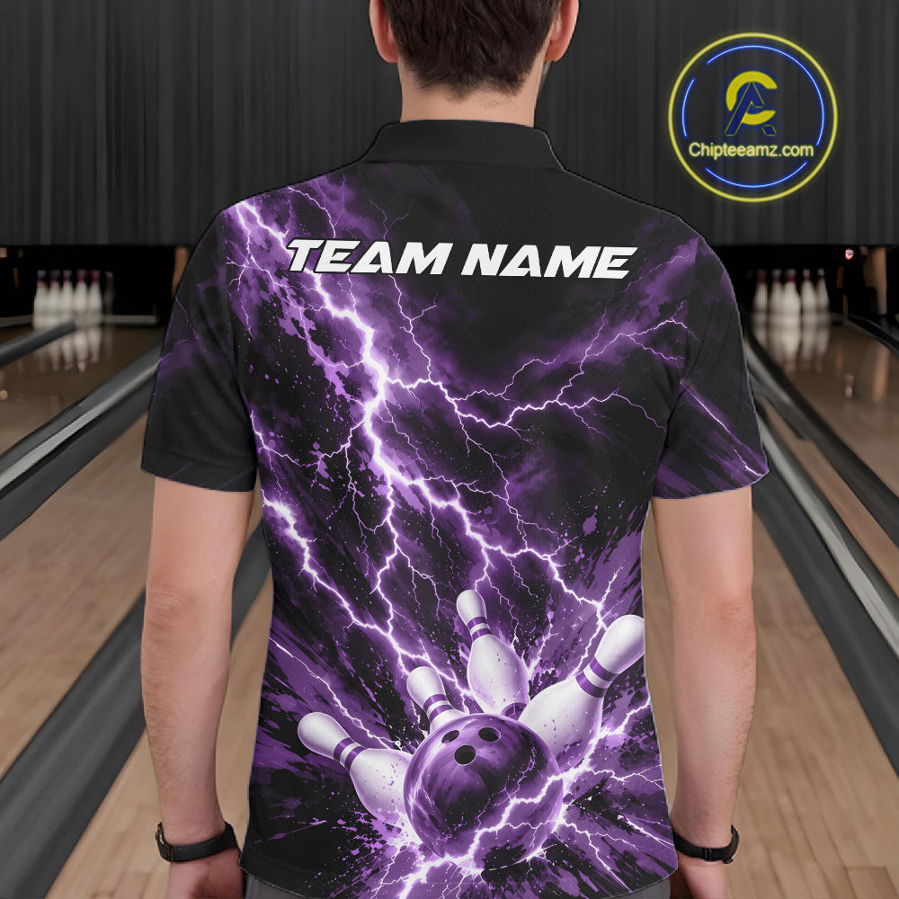 Custom Purple Lightning Bowling Team Men Polo Shirt, Bowling Tournament Jerseys IPHW12382