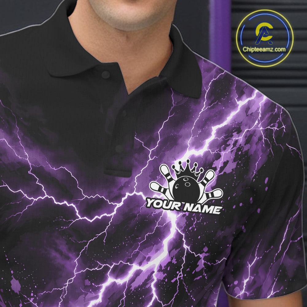 Custom Purple Lightning Bowling Team Men Polo Shirt, Bowling Tournament Jerseys IPHW12382