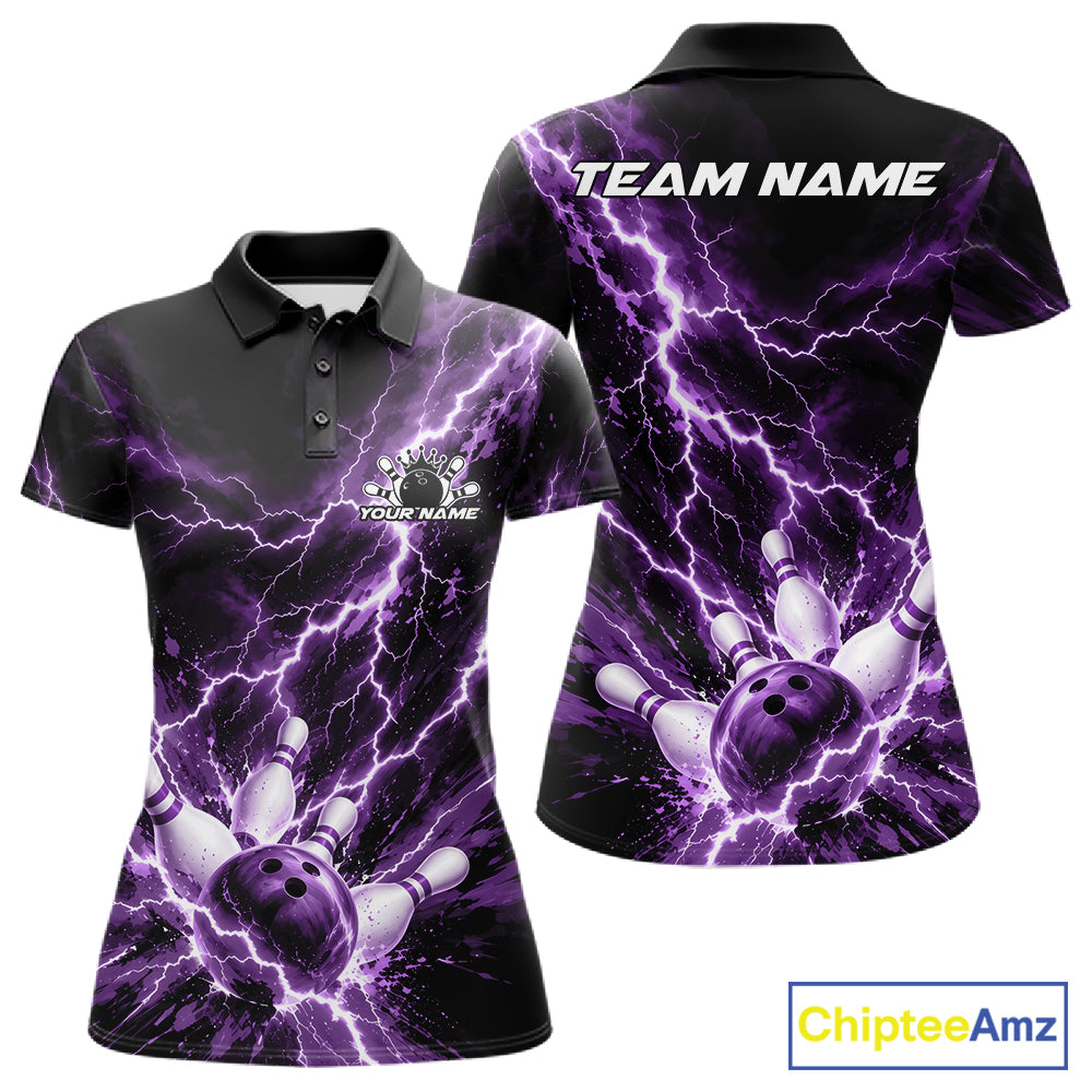 Custom Purple Lightning Bowling Team Women Polo Shirt, Bowling Tournament Jerseys IPHW12382
