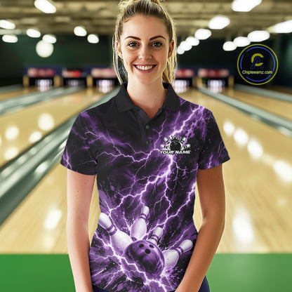 Custom Purple Lightning Bowling Team Women Polo Shirt, Bowling Tournament Jerseys IPHW12382