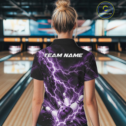 Custom Purple Lightning Bowling Team Women Polo Shirt, Bowling Tournament Jerseys IPHW12382