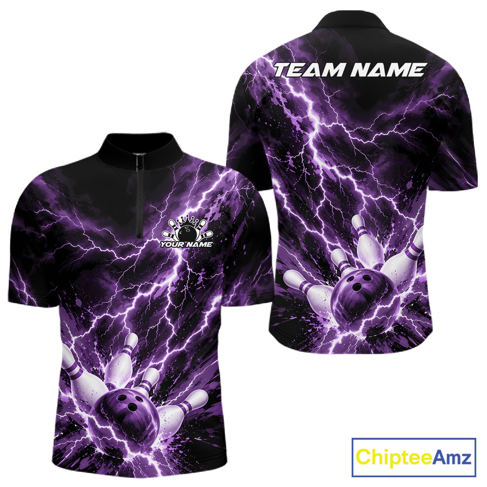 Custom Purple Lightning Bowling Team Men Quarter Zip Shirt, Bowling Tournament Jerseys IPHW12382