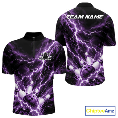 Custom Purple Lightning Bowling Team Men Quarter Zip Shirt, Bowling Tournament Jerseys IPHW12382