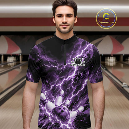 Custom Purple Lightning Bowling Team Men Quarter Zip Shirt, Bowling Tournament Jerseys IPHW12382