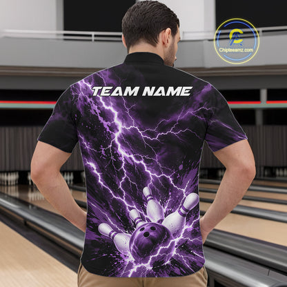 Custom Purple Lightning Bowling Team Men Quarter Zip Shirt, Bowling Tournament Jerseys IPHW12382