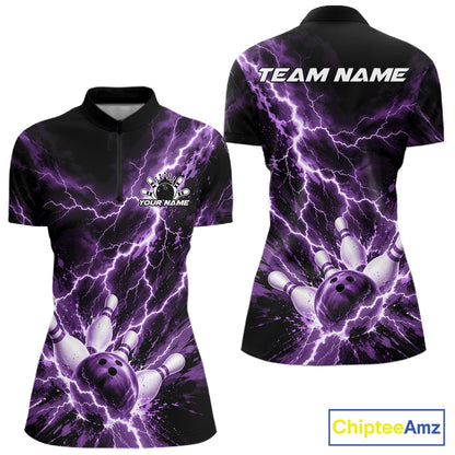 Custom Purple Lightning Bowling Team Women Quarter-Zip Shirt, Bowling Tournament Jerseys IPHW12382