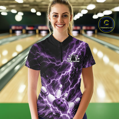 Custom Purple Lightning Bowling Team Women Quarter-Zip Shirt, Bowling Tournament Jerseys IPHW12382