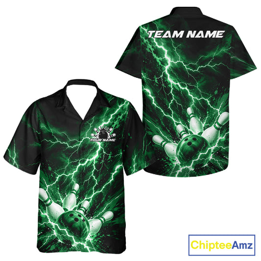 Custom Green Lightning Bowling Team Men And Women Button Up Shirt, Bowling Tournament Jerseys IPHW12383