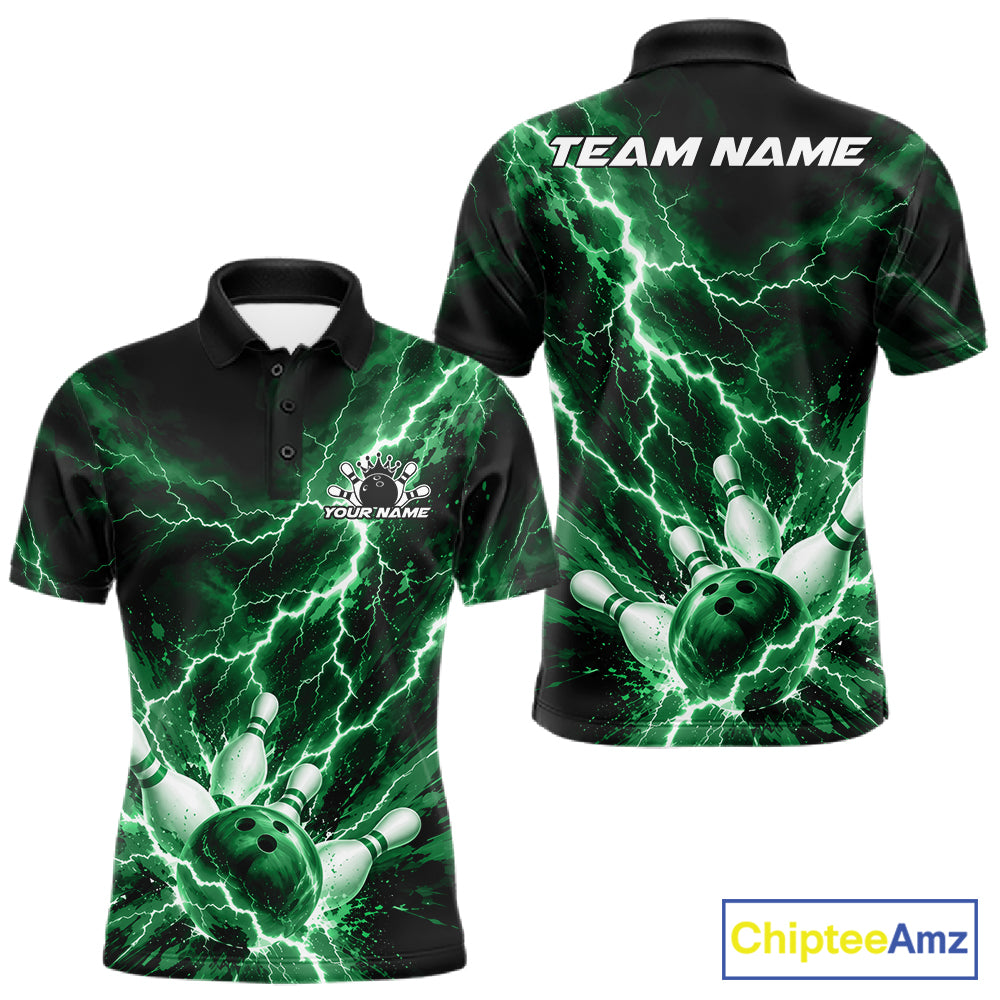 Custom Green Lightning Bowling Team Men Polo Shirt, Bowling Tournament Jerseys IPHW12383