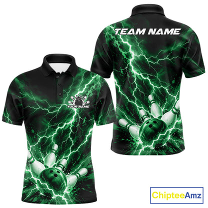 Custom Green Lightning Bowling Team Men Polo Shirt, Bowling Tournament Jerseys IPHW12383