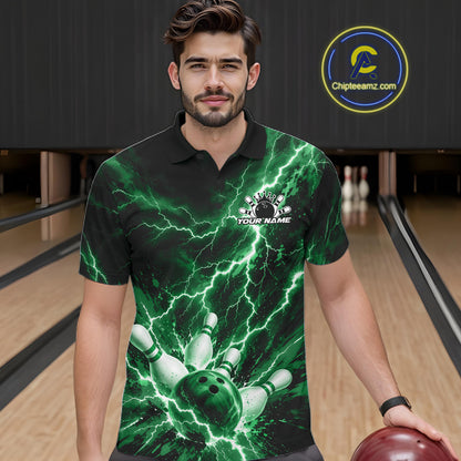 Custom Green Lightning Bowling Team Men Polo Shirt, Bowling Tournament Jerseys IPHW12383