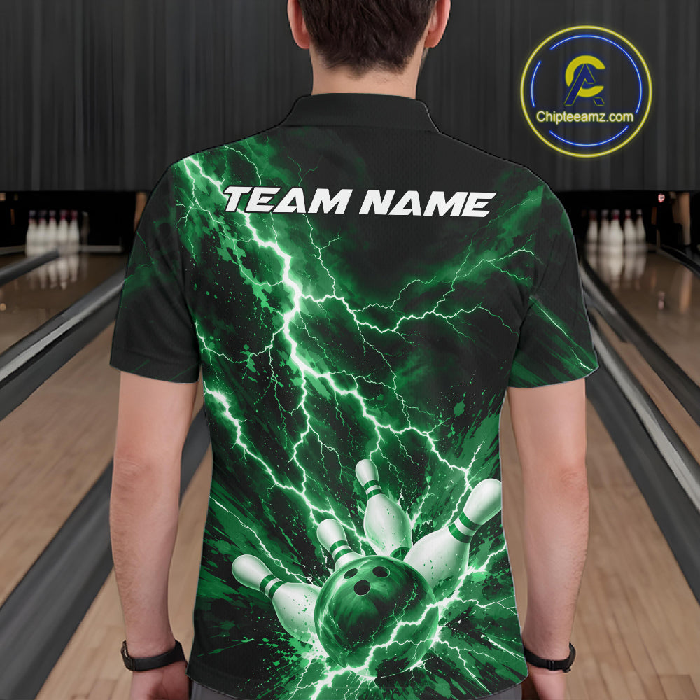 Custom Green Lightning Bowling Team Men Polo Shirt, Bowling Tournament Jerseys IPHW12383