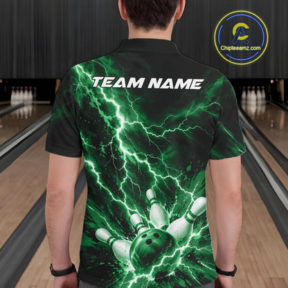 Custom Green Lightning Bowling Team Men Polo Shirt, Bowling Tournament Jerseys IPHW12383