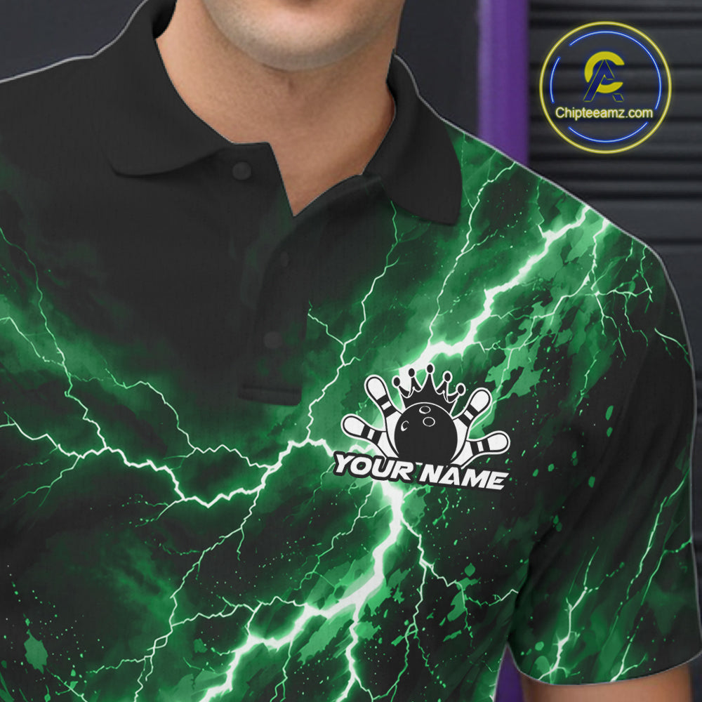 Custom Green Lightning Bowling Team Men Polo Shirt, Bowling Tournament Jerseys IPHW12383