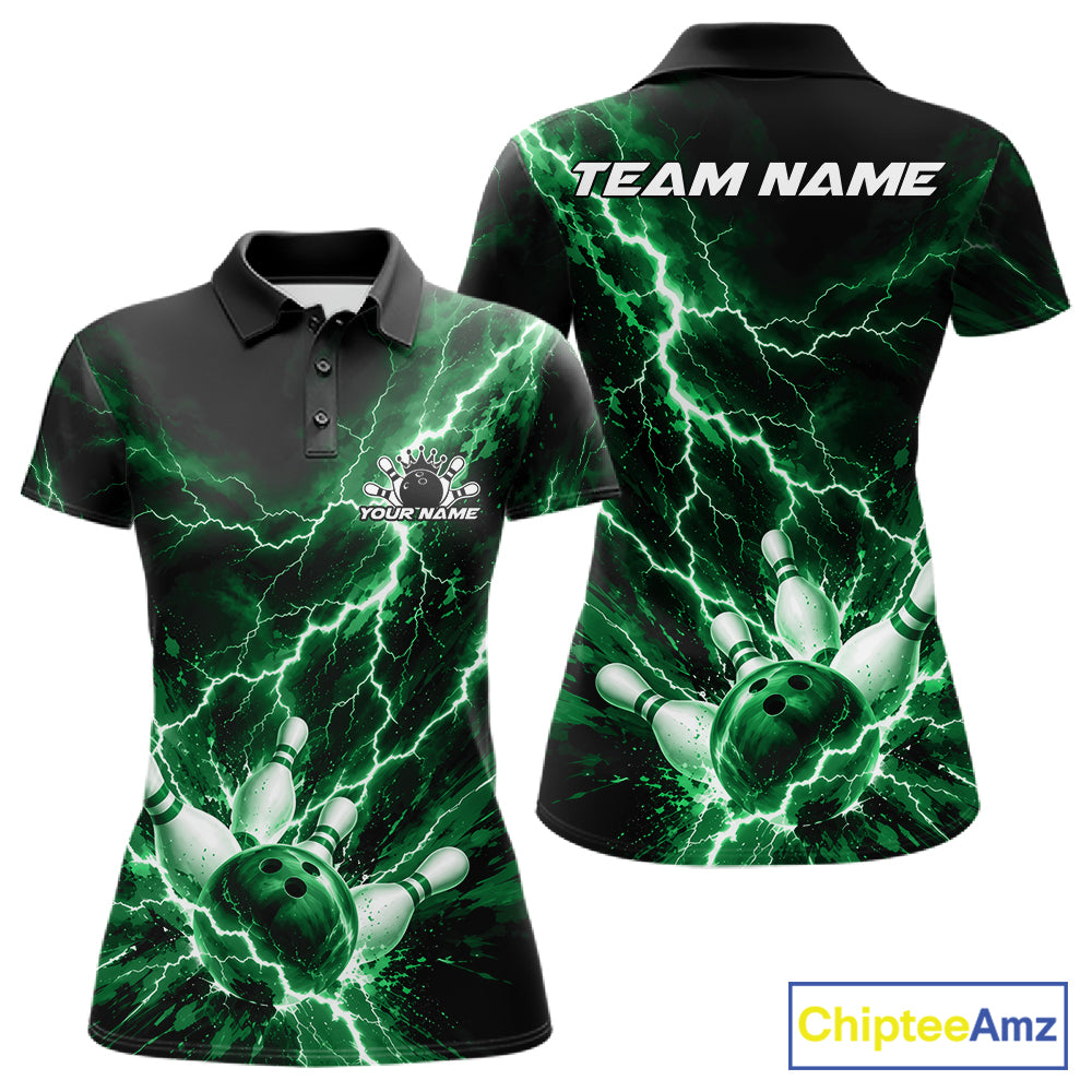 Custom Green Lightning Bowling Team Women Polo Shirt, Bowling Tournament Jerseys IPHW12383