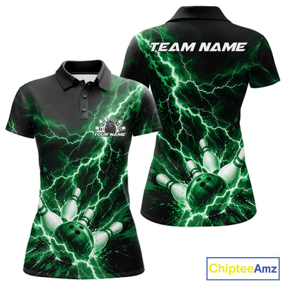 Custom Green Lightning Bowling Team Women Polo Shirt, Bowling Tournament Jerseys IPHW12383