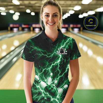 Custom Green Lightning Bowling Team Women Polo Shirt, Bowling Tournament Jerseys IPHW12383