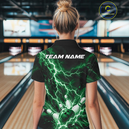Custom Green Lightning Bowling Team Women Polo Shirt, Bowling Tournament Jerseys IPHW12383